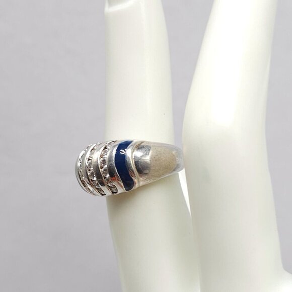 Sterling Silver Blue Enamel Clear Rhinestone Ring With Striped Design Size 6 - Picture 3 of 8